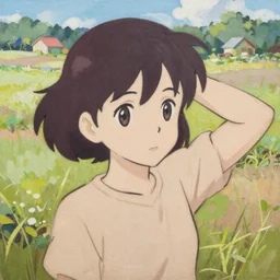 Greg Manchess painting of Velma Dinkley, anime style, countryside, calm, fantasy character portrait, dark outlines, dynamic pose, above view, sunny day, artwork by Makoto Shinkai, very coherent asymmetrical artwork, sharp edges, perfect face, simple form, 100mm