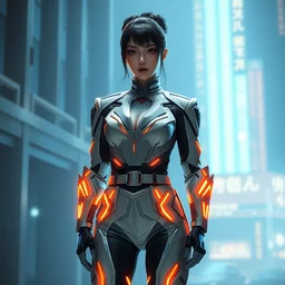 a digital concept art by artgerm, greg rutkowski and alphonse mucha. full body!! clear portrait of an attractive japanese showgirl in hi - tech uniform. a high set geometric tailoring clothes. cyber leg prosthesis!! grey blue and orange laser straps. metal belt. light effect. hyper detailed, intricate, elegant, smooth, sharp edges