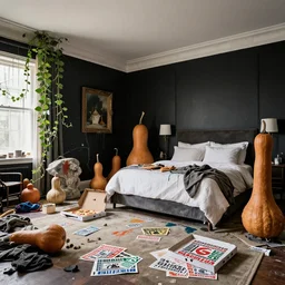 gourds in a trashed luxury apartment bedroom, art supplies, clothes, vines, empty vegan pizza boxes, propaganda leaflets, a large stone sculpture, paint dripping from ceiling, black walls