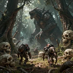 sci - fi monster hunters, walking in a flesh and bones forest, hyperdetailed, art makoto kobayashi