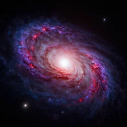 The grand ending of an ominous era outside an exoplanet in space with a clear view of a spiral galaxy in splashes of red, purple and dark blue in unreal engine n- 4 S- 69