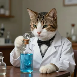 an aristocratic cat dressed as a scientist intrigued by a refined little transparent little bottle filled with magic blue iridescent liquid, art highly detailed, by frank frazetta, concept art,
