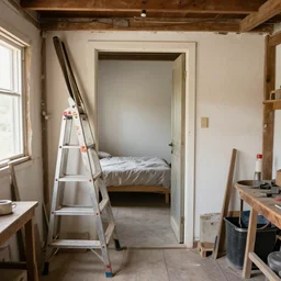 photo of a ladder in a shed leading down to a bedroom portal dimension