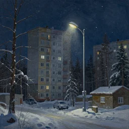 painting by Quint Buchholz, atmospheric cozy sovietpunk 8 story tall communal housing in the middle of a severe russian forest at night, sodium lamp illumination, snow falling, night time, night sky, deep night sky, by Quint Buchholz