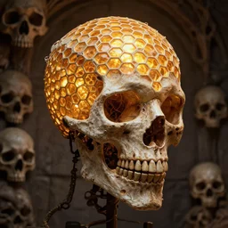 undead god, honeycomb structure head, skull wall background, intricate detail, high precision, glowing light, whealan,