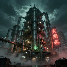 a low angle photography of a big giant ominous industrial, futuristic cyberpunk factory at cloudy night with green and orange and red light and pipes and cables with a big chinese character neon sign + with fog + corporation + artstation photorealistic concept art