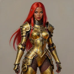 Steampunk Pin-up girl, brown skin, red hair, long straight hair, fully armor, brass colored armor, gears, trending on artstation, artstationHD, artstationHQ, acrylic painting