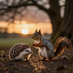 wedding of squirrel and hedgehog, professional photography, bokeh, dramatic lighting, sunset