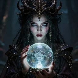 enchanting femenine witch gazing into a crystyal ball she is holding, hyper attractive, seductive, very complex, hyper - maximalist, overdetailed, legendary cinematic, darkfantasy, archetype with timeless beauty breathtaking eyes, highly intricate, realism, perspicious detail, silent hill aesthetic, photorealistic, lifelike, dslr 8 k, unbeatable coherency, octane render