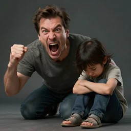 Father yelling energetically at his sad little who keeps his head down, exaggerated trending on artstation, hyperdetailed, dramatic, perfect composition
