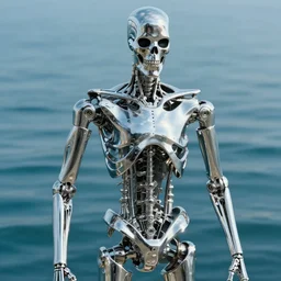 terminator endoskeleton with water behind it movie still, chrome, shiny, reflective, metallic, 3 d render, realistic, hdr, stan winston studios, dramatic lighting, water colors bright,