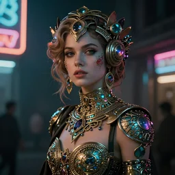 Cyberpunk beautiful Jewel Staite, dark atmosphere, cinematic shot, intricate, ornate, photorealistic, ultra detailed, realistic, 35mm, photography, neon, octane, high definition, depth of field, bokeh, 8k, artstation, ((alphonse mucha)), (hr giger)