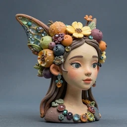 portrait headshot of a fairy nature spirit, head made of fruit gems and flowers in the style of arcimboldo, john currin, fragonard, photorealistic, dynamic lighting, action figure, clay sculpture, claymation, dull blue cloudy background,