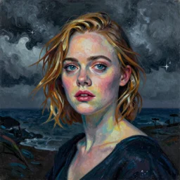 Elle Fanning in the style of pointillism, head and shoulders portrait, stormy weather, extremely detailed masterpiece, oil on canvas, low-key neon lighting, artstation, Blade Runner 2049, Roger Deakin’s cinematography,