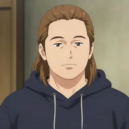 a man in his late twenties with long light brown hair tied back, a widows peak and a round face with high cheekbones, wearing a hoody, anime character