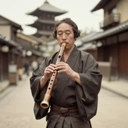 Portrait of a 19th century Japanese man playing the shakuhachi in the streets of Kyoto, 1900s photography