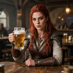 A hyper-realistic photo of Jaina Proudmoore, sitting in a large tavern, holding a large pint of beer