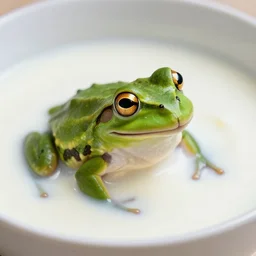 a frog emerging from under bath of yogurt and milk