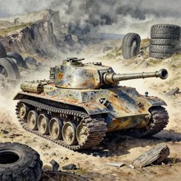 watercolor barbed mollusk panzer, tank treads macerated in cluster of shredded tire valley by richard corben, bernie wrightson, ian miller, & albrecht durer, fine art masterpiece baked at 3 0 0 f, matte painting, dystopian lighting, photorealistic render, cinematic,
