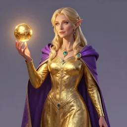 elegant half - elf woman in noble golden and purple garb, elderly woman, golden hair, wearing a gold sphere talisman of illumination, award winning digital art artstation render