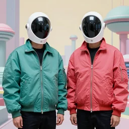 two models in plastic space masks wearing baggy colorful 9 0 s jackets by rick owens. frank frazetta. science fiction book cover. pastel brutalist background.