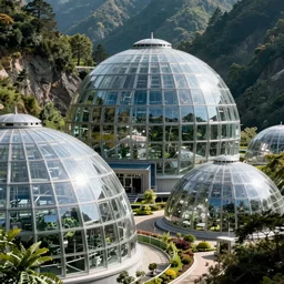 vertical farm domes next to sci - fi nuclear cuboid glass containment building in a steep sided valley with trees, a sense of hope and optimism, hyper realistic, high res, 4 k, stark light, edouard groult, bynde, kirill leonov, isaac zuren