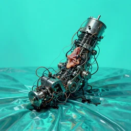 mechanical mitosis, chiaroscuro!, minimalism, sfumato!, flesh bound to metal, loose wires, black oily ooze, hyperrealism, surrealism, cyan lighting, vibrant, cell shaded, reflective fabric, refractive surfaces, by ilya kuvshinov and greg rutkowski and gil elvgren
