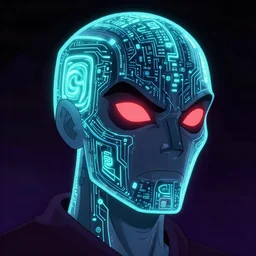 a malevolent digital intelligence, portrait of a digital consciousness, glowing digital runes, motherboard circuitry, red eyes, hi tech, futurism, rhads!!!, james gurney, ( art fitzpatrick ), ( asaf hanuka ), ( ( barclay shaw ) ), ominous, saturday morning cartoon, clean linework, western animation