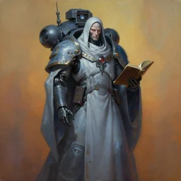 painting of eldritch man as a cloaked tech priest holding a book, adeptus mechanicus, cybernetic enhancements attached to his body, zdzislaw beksinski, lewis jones, dariusz zawadzki, wayne barlow, warhammer 4 0 k, cold hue's, warm tone gradient background, concept art, digital painting