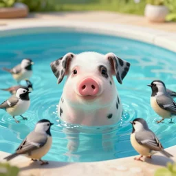 one dalmatian piglet surrounded by chickadees in a swimming pool. comic style