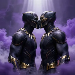 black panther guards kissing + purple clouds empire, built of gold and metal, photorealistic 3 d render, hyper details, foggy mysterious, emotional rays, cinematic lights