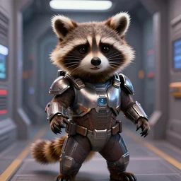 closeup portrait, furry rocket the raccoon standing in the hallway of a space ship from guardians of the galaxy, wearing mass effect armor, holding a rocket launcher, soft volumetric lighting, cinematic, confident action pose, octane, 8 k, photorealism!!