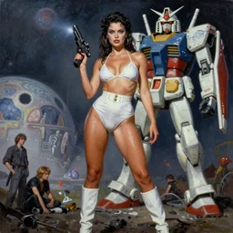 A mixed media portrait painting of a beautiful woman an alien planet, very curvy, aesthetic! high-waisted white-bikini-armor and boots, holding a ray-gun, aesthetic symmetrical face and eyes, model, wet, discarded gundam mech in background, by  Frank Frazetta, Boris Vallejo, Beeple, Greg Rutkowski, Christian MacNevin, eighties-pinup style, epic fantasy character art, high fantasy, CGsociety, exquisite detail, post-processing, masterpiece, cinematic