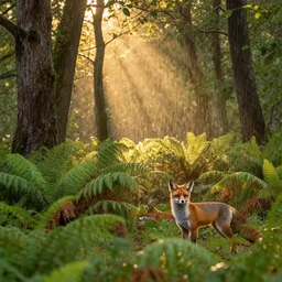 a deciduous forest with lush ferns after a rain shower, golden hour, sunlight, god rays, foxes, award winning nature photograph