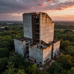 brutalist architecture, abandoned streetscapes surrounded by lush green forest, aerial view, stunning volumetric lighting, sunset, rusted steel, smooth solid concrete, stunning skies, trending on Artstation, 8k, photorealistic, hyper detailed, unreal engine 5, IMAX quality, cinematic, epic lighting, in the style of the game DOOM, by Greg Rutkowski