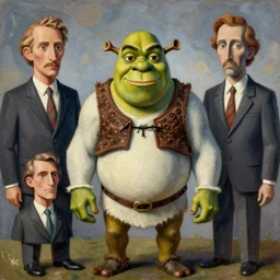 a surrealist painting of shrek by alexandr archipenko and rene magritte and joan miro, 4 k, trending on artstation, detailed, wallpaper background, film still