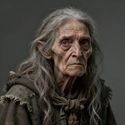 very old wrinkled woman crone with long scraggly hair wearing rags, character portrait, concept art, intricate details, highly detailed photorealistic portrait in the style of adam hughes, seseon yoon, artgerm and warren louw