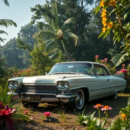 a cadillac 1 9 5 7 coupe textured all over with an airbrushed djungle with colorful flowers, long shot, daylight, nikon photography