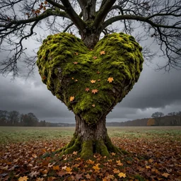 enchanted heart old tree, moss, autumn leaves, muted colors, ultra wide angle, by peter lik