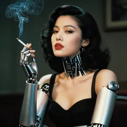 beautiful portrait of a sultry female robot smoking a cigarette, film noir