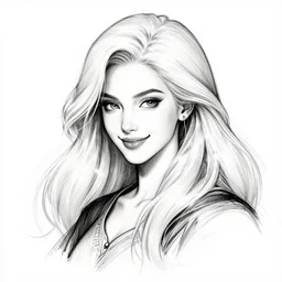 beautiful smiling wizard woman with long white hair, sketch, detailed and elegant ink drawing, black on white