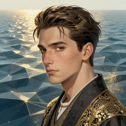 sultan with a polygonal sea, light dust, magnificent, close up, details, sharp focus, elegant, highly detailed, illustration, by Jordan Grimmer and greg rutkowski and PiNe(パイネ) and 薯子Imoko and 香川悠作 and wlop and maya takamura, intricate, beautiful, Trending artstation, pixiv, digital Art