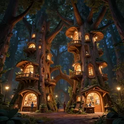 huge giant wooden tree trunk buildings, organic wooded shops, solarpunk, organic bioluminescent street lights, dark forest canopy understory, cinematic lighting, night time, octane render, 3 d pixar disney digital cgi rtx hdr painting, highly detailed, artstation cgsociety masterpiece, by syd mead, greg rutkowski, wlop, artger