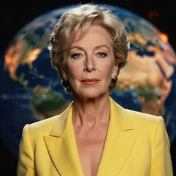 a still from the movie bladerunner 2 0 4 9 depicting an extreme close up of helen mirren in her 6 0's wearing a yellow business suit, photographed by annie leibovitz against a backdrop of a moody planet earth in flames. cinematic lighting, 5 0 mm f / 2 iso 2 0 0