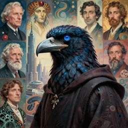 realistic detailed portrait movie shot of a birdman wearing a dark robes, sci fi city landscape background by denis villeneuve, amano, yves tanguy, alphonse mucha, ernst haeckel, max ernst, roger dean, masterpiece, rich moody colours, dog teeth, blue eyes