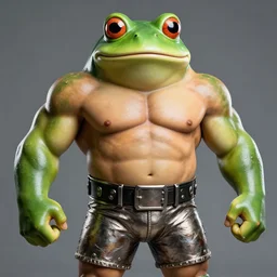 subject muscular barbarian oversized frog anthropomorphic, wearing heavy metal short, medium shoot portrait