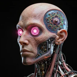 3D render of a rugged profile face portrait of a steampunk cyborg android, inset xray cross-section, neon lenses for eyes, Mandelbrot fractal, titanium skeleton, anatomical, flesh, facial muscles, wires, microchips, electronics, veins, arteries, glowing, full frame, microscopic, elegant, highly detailed, flesh ornate, elegant, high fashion, dye contrast lighting, black light, octane render in the style of H.R. Giger and Bouguereau