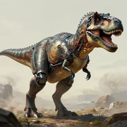 A tyrannosaurus rex with futuristic metal armor and cybernetic implants, by Greg Rutkowski and James Gurney, trending on artstation