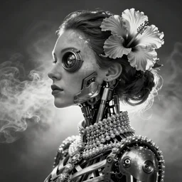 black and white dreamy foggy smoky profile face portrait, one silver steampunk eye biomechanical beautiful young female - cyborg - robot bust, body ribs meshes,, volumetric light, hibiscus flowers, rim light, by dora maar and cecile beaton, big gothic fashion pearl embroidered collar, 8 k
