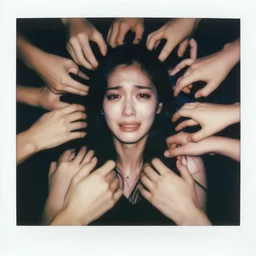 portrait of a crying woman. many many white hands!!!!! grabbing her from outside frame. hq photo, surreal, harsh lighting. polaroid type 6 0 0. fear. unnerving. menacing. supernatural